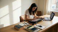 Young woman working from home at wooden desk with laptop, taking notes in bright sunlit room with warm natural lighting for productivity concepts.