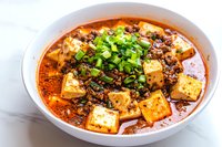 Spicy mapo tofu with minced meat in red chili sauce, topped with fresh green onions served in white ceramic bowl on light background.