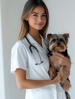Young female veterinarian in white medical uniform holding Yorkshire terrier puppy. Professional healthcare worker with stethoscope examining small dog at veterinary clinic.