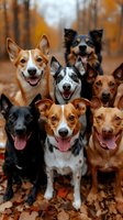 Group of happy mixed breed dogs with tongues out posing together in autumn forest with colorful fall foliage background for pet photography and animal portraits.