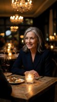 Elegant mature woman enjoying wine at upscale restaurant with warm candlelight and chandeliers creating sophisticated dining atmosphere for special occasion.