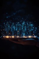 Digital hologram of connected human figures emerging from device screen with glowing network lines and particles on dark background. Futuristic technology concept.
