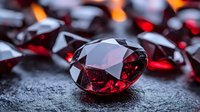Faceted red gemstones scattered on dark textured surface with dramatic lighting and selective focus creating luxurious jewelry atmosphere.