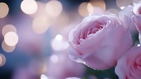 Delicate pink rose with water drops against blurred bokeh background in soft pastel colors, creating romantic and dreamy atmosphere for wedding designs.