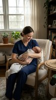 Smiling Caucasian female nurse in blue scrubs holding newborn baby in cozy home living room with plants and natural window light for healthcare content.