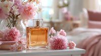 Elegant amber perfume bottle surrounded by delicate pink peonies on white vanity table with soft bedroom interior in background.