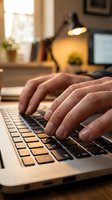 Hands typing on a laptop keyboard in a cozy home office with warm lighting, desk lamp, and plants in the background.