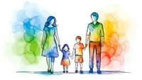Watercolor family silhouettes with colorful paint splashes showing parents and children holding hands against rainbow background for creative projects.