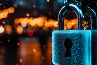 Wet padlock with water drops in blue light against blurred bokeh background creates atmospheric mood for security and protection concepts.