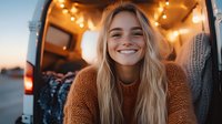 Young blonde woman in cozy brown sweater smiling at sunset, sitting in van with string lights and warm atmosphere. Lifestyle travel and vanlife concept.