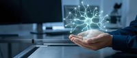Businessman holding glowing network nodes and connections above palm, representing digital transformation, data connectivity, and artificial intelligence technology in modern workplace.