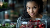 Young African American woman enjoying fresh cranberries in glass bowl, healthy eating lifestyle, kitchen setting with natural lighting for wellness content.