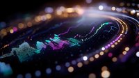Digital financial data visualization with glowing charts and graphs on dark background. Modern analytics dashboard with colorful neon lights and bokeh effects.