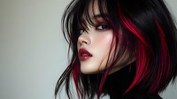 Young Asian woman with black and red hair highlights in profile view against light background, wearing bright red lipstick, modern edgy hairstyle with bangs.