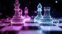 Glowing chess pieces in neon pink and blue colors with digital wireframe effect on dark background, creating futuristic gaming atmosphere with bokeh lights.