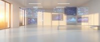 Futuristic white office interior with glowing digital screens displaying data charts, molecular structures, and analytics dashboards at sunset.