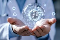 Medical professional holding glowing crystal ball with virus cell structure visualization, symbolizing pandemic prediction and healthcare research in blue tones.