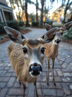 Curious young deer looking directly at camera with wide eyes on brick pathway, second deer in background during golden hour sunset. Wildlife in suburban setting.