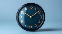 Round black wall clock with golden numbers and hands on navy blue dial against light blue background, minimalist design for modern interior decor and time management concepts.