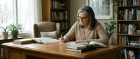 Middle-aged Caucasian woman with glasses writing in notebook at wooden desk in cozy home library with bookshelves and natural window light for study workspace.