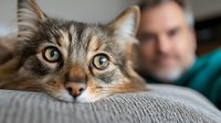 Close up portrait of tabby cat with bright yellow eyes lying on gray couch, with blurred person in background. Pet photography for veterinary and animal care.