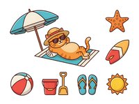 Cute cat relaxing under beach umbrella with sunglasses, surrounded by summer vacation icons including starfish, surfboard, beach ball, bucket, shovel, flip-flops and sun. Isolated clipart for design.