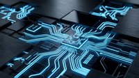 Futuristic circuit board with glowing blue electronic pathways and microchip components on dark surface for technology and innovation concepts.