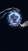 Hands protecting glowing digital globe with network connections on dark background for technology and global communication concepts.