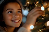 Young girl, approximately 8-12 years old, Hispanic ethnicity, smiling joyfully while decorating an evergreen tree with golden ornaments and warm lights during holiday season celebration.