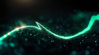 Glowing green particle wave with sparkling light trail flowing through dark space, creating dynamic motion effect against black background.