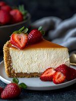 Slice of creamy cheesecake with graham cracker crust topped with fresh strawberries and caramel sauce on white plate against dark background, macro food photography.