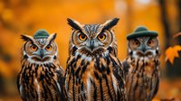 Three great horned owls with intense stares against vibrant orange autumn background, dramatic wildlife portrait showcasing fierce predator birds in nature.