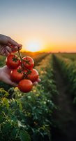 Farmer holding fresh ripe tomatoes on vine at sunset in agricultural field, showcasing organic produce harvest and sustainable farming practices.
