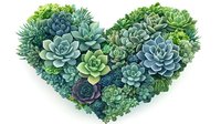 Succulent plants arranged in heart shape on white background, featuring echeveria varieties in shades of blue and green. Isolated botanical design element.