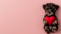 Adorable Yorkshire terrier puppy holding red heart plush toy while lying on pink background. Pet love and Valentine's day concept for greeting cards.