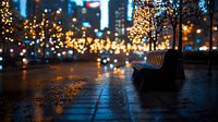 Empty park bench on wet pavement at night with blurred city lights and decorated trees creating magical bokeh effect, moody urban winter atmosphere.