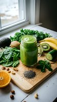 Fresh green smoothie in mason jar with spinach kale avocado banana kiwi nuts seeds on wooden cutting board by window for healthy breakfast detox diet.