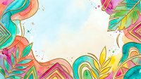 Vibrant watercolor tropical frame with colorful leaves and abstract shapes, featuring a blank center space for text or design elements.