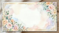 Watercolor floral frame with roses, eucalyptus, and ornamental gold borders on cream background. Isolated design element suitable for invitations, greeting cards, and wedding stationery templates.