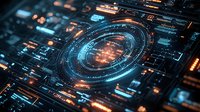 Futuristic digital interface with glowing circular elements and technological patterns in blue and orange tones against dark background for tech presentations.
