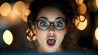 Surprised young woman with glasses and curly dark hair expressing shock and amazement against blurred bokeh lights background, mouth open wide.