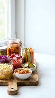 Assorted fermented vegetables and pickled foods in jars and bowls on wooden cutting board for healthy gut microbiome and probiotic nutrition.