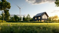 Modern black house with solar panels and wind turbine in green field at sunset, showcasing sustainable living and renewable energy solutions for eco-friendly residential architecture.
