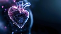Glowing digital heart with network connections and particles on dark background creates futuristic medical visualization. Abstract cardiovascular health concept.