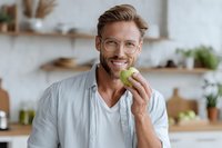 Caucasian man with glasses eating green apple in modern kitchen, healthy lifestyle concept for wellness and nutrition blogs.