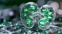 Glowing green kidney shape with sparkles and bokeh effect on dark background, medical concept showing internal organ anatomy in creative artistic style.
