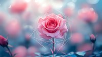 Pink rose bloom with geometric crystal frame against dreamy blue bokeh background, romantic floral composition with soft ethereal lighting effect.