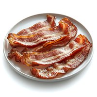 Crispy cooked bacon strips served on white ceramic plate, close up view showing texture and caramelization of fried pork meat for breakfast or cooking.