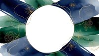 Elegant abstract frame with gold foliage and blue green watercolor shapes. Luxury botanical border design for invitations, cards and branding materials.