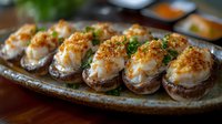 Stuffed mushroom caps topped with creamy filling and crispy breadcrumb coating, garnished with fresh herbs on rustic ceramic plate, appetizer presentation.